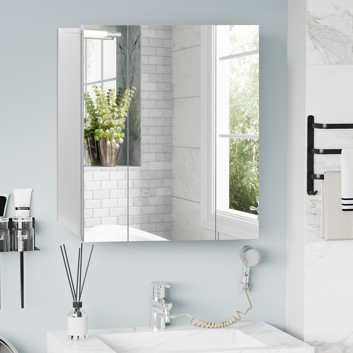 Armário de Casa de Banho com 3 Portas com Espelho Armário de Parede para Casa de Banho com Prateleiras Internas Ajustáveis 70x15x60 cm Branco