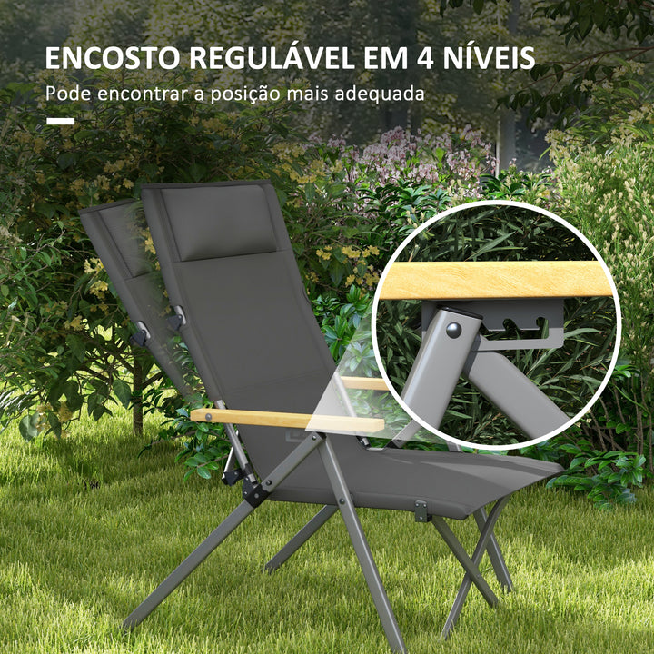 Cadeira de Campismo Dobrável de Alumínio com Encosto Ajustável e Apoios de Braço de Madeira Cadeira de Jardim Portátil com Bolsa de Transporte para Piscina Praia 74x59,5x98 cm Verde Escuro