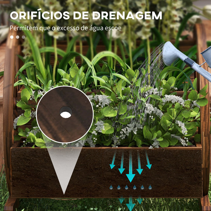 Floreira de Madeira para Exterior 3 Níveis com Design em Escada e Rodas Orifícios de Drenagem Horta Urbana para Plantas e Flores Terraço e Jardim 61x62x57 cm Carbonizado