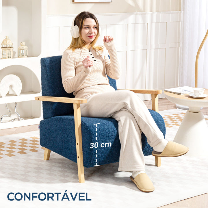 Poltrona Nórdica Poltrona Sala de Estar Estofada em Borrego com Apoio para os Braços de Madeira Acolchoado Espesso e Pés de Madeira para Dormitório 74,5x76x78 cm Azul