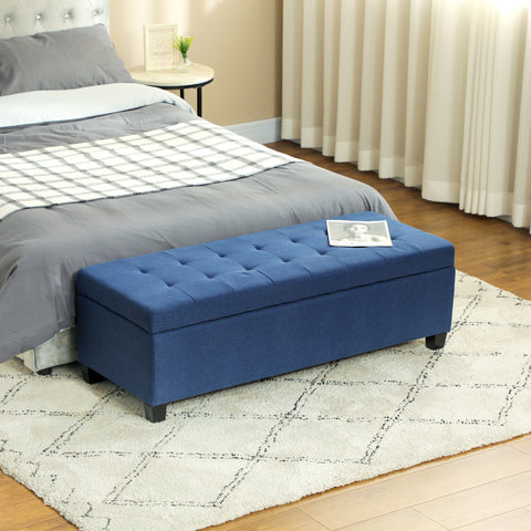 Banco de Armazenamento Acolchoado Banco Estofado em Linho Tampa com Abertura para Sala de Estar Entrada Dormitório Carga Máxima 120 kg 125x49x41,5 cm Azul Escuro