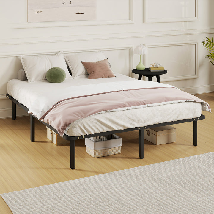 Estrutura de Cama 160x200 cm Altura 26 cm Plataforma de Aço com Espaço de Armazenamento Abaixo e Ripas de Álamo Fácil de Montar Carga 350 kg Preto