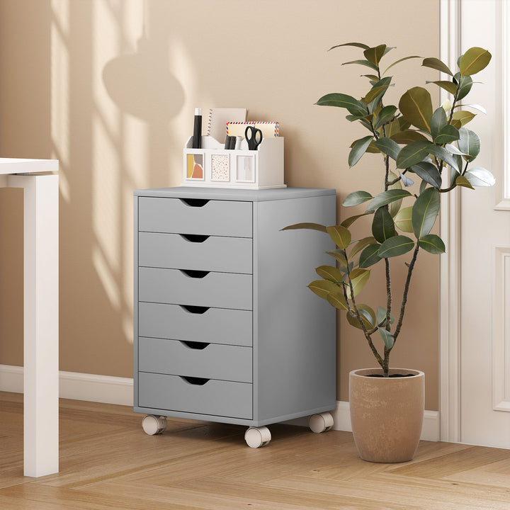 Bloco de Gavetas Móvel Arquivador com 6 Gavetas Suporte para Impressora com Rodas Guias Deslizantes Silenciosas para Escritório Casa 40x35x63 cm Cinzento