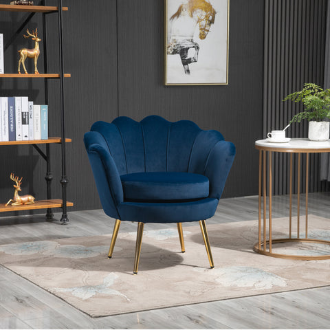 Poltrona de Sala Estofada em Veludo Poltrona para Quarto com Encosto em Forma de Concha e Pernas Douradas para Sala de Jantar 76x67x74 cm Azul