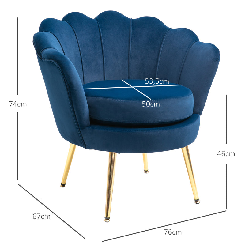 Poltrona de Sala Estofada em Veludo Poltrona para Quarto com Encosto em Forma de Concha e Pernas Douradas para Sala de Jantar 76x67x74 cm Azul