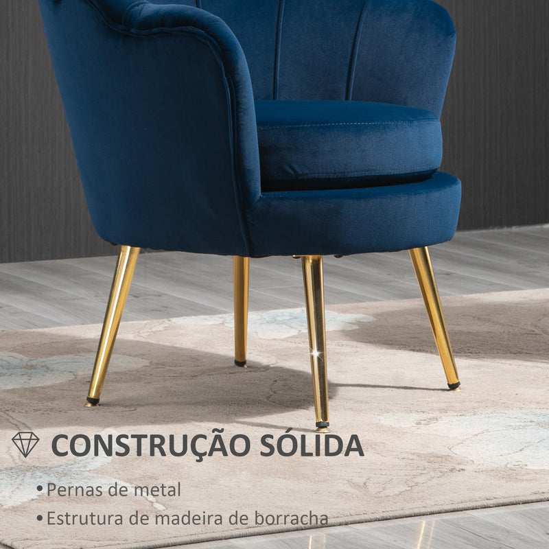 Poltrona de Sala Estofada em Veludo Poltrona para Quarto com Encosto em Forma de Concha e Pernas Douradas para Sala de Jantar 76x67x74 cm Azul