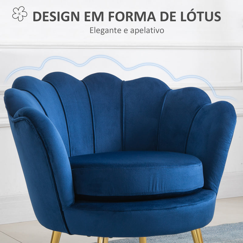 Poltrona de Sala Estofada em Veludo Poltrona para Quarto com Encosto em Forma de Concha e Pernas Douradas para Sala de Jantar 76x67x74 cm Azul