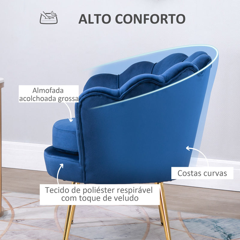 Poltrona de Sala Estofada em Veludo Poltrona para Quarto com Encosto em Forma de Concha e Pernas Douradas para Sala de Jantar 76x67x74 cm Azul