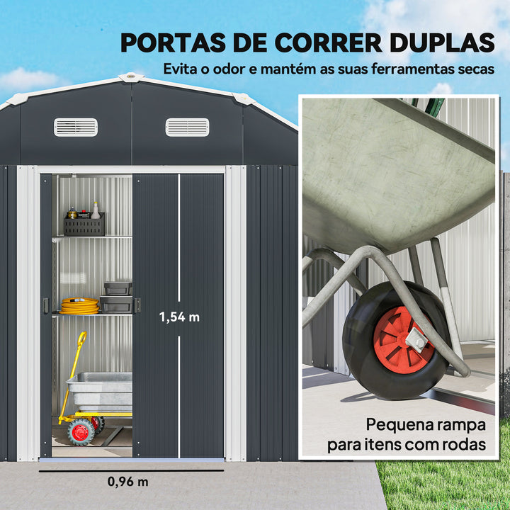 Abrigo de Jardim 2,7 m² 238x132x198,5 cm Abrigo de Exterior Metálico com Base Prateleiras Ajustáveis 2 Portas de Correr e 2 Janelas de Ventilação Cinza Escuro