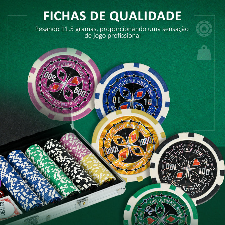Conjunto de Póquer Profissional Mala de Póquer em Alumínio com 500 Fichas de 11,5 g 2 Baralhos de Cartas 5 Dados Tapete e Botão de Dealer para 9-10 Jogadores com Fechadura Prata