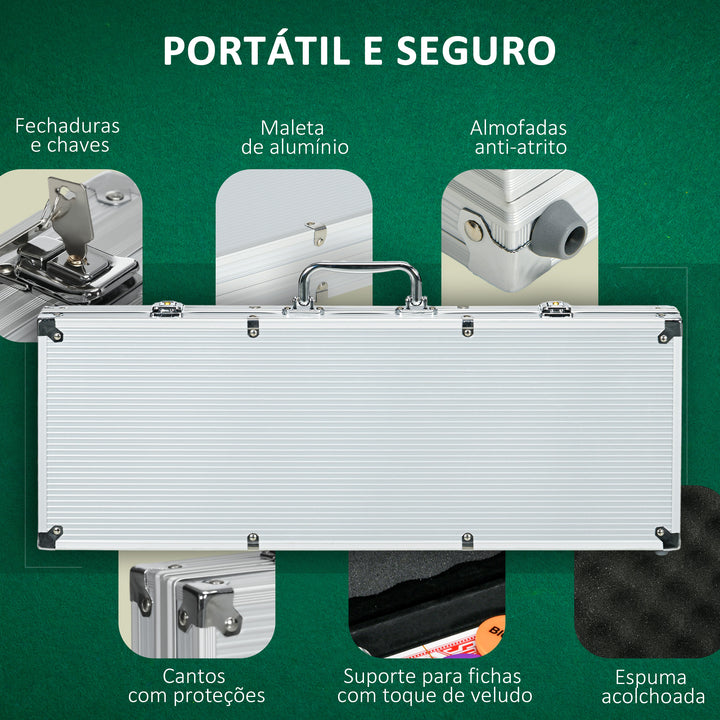 Conjunto de Póquer Profissional Mala de Póquer em Alumínio com 500 Fichas de 11,5 g 2 Baralhos de Cartas 5 Dados Tapete e Botão de Dealer para 9-10 Jogadores com Fechadura Prata