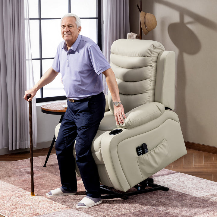 Poltrona Relax Reclinável Elétrica Elevatória com Massagem Vibratória e Aquecimento Poltrona Elevatória com Porta USB Controlo Remoto Apoio para Pés Estofada em PU Bolsos Laterais Creme