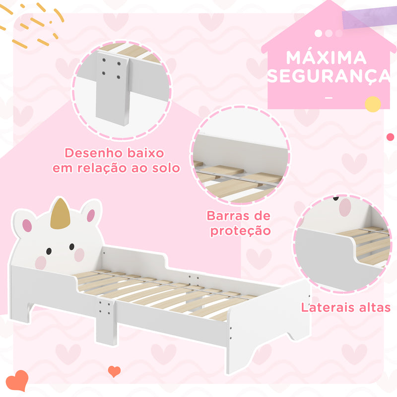 Cama para Crianças de 3-6 Anos 143x74x67 cm Cama Infantil de Madeira em Forma de Unicornio Móvel de Dormitório Moderno Carga 80 kg Branco