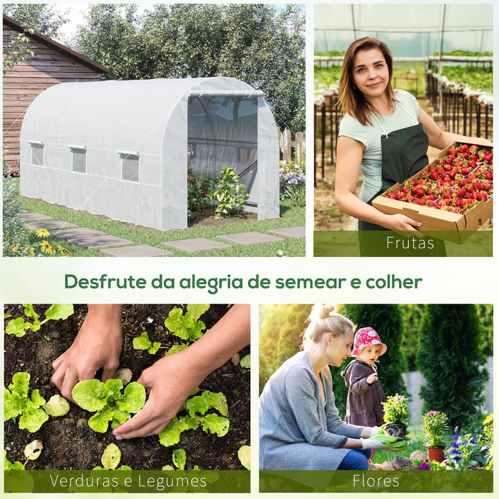Estufa tipo Túnel 450x200x200 cm Estufa de Jardim com Porta Enrolável e 6 Janelas Cobertura de PE 140 g/m² Anti-UV Estrutura de Metal para Cultivo de Plantas Verduras Branco