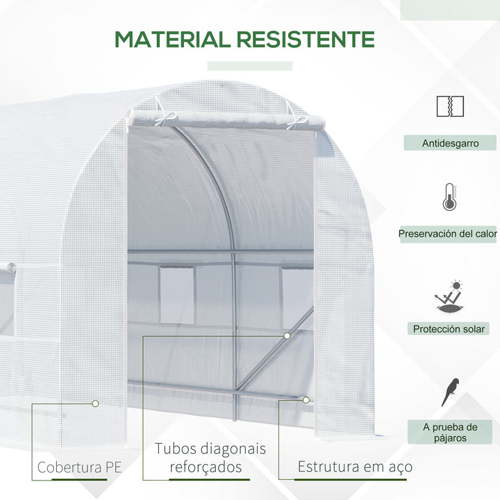 Estufa tipo Túnel 450x200x200 cm Estufa de Jardim com Porta Enrolável e 6 Janelas Cobertura de PE 140 g/m² Anti-UV Estrutura de Metal para Cultivo de Plantas Verduras Branco