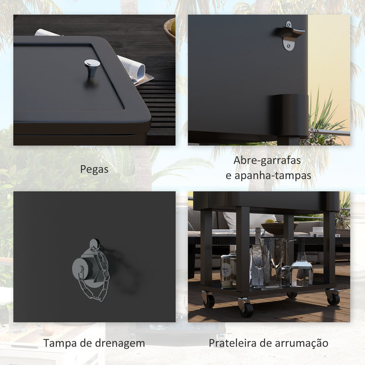 Carrinho Refrigerador de Bebidas de 56L Carrinho Refrigerador com Rodas Abridor de Garrafas e Prateleira para Pátio Festas Terraço Praia 67x35x80 cm Preto