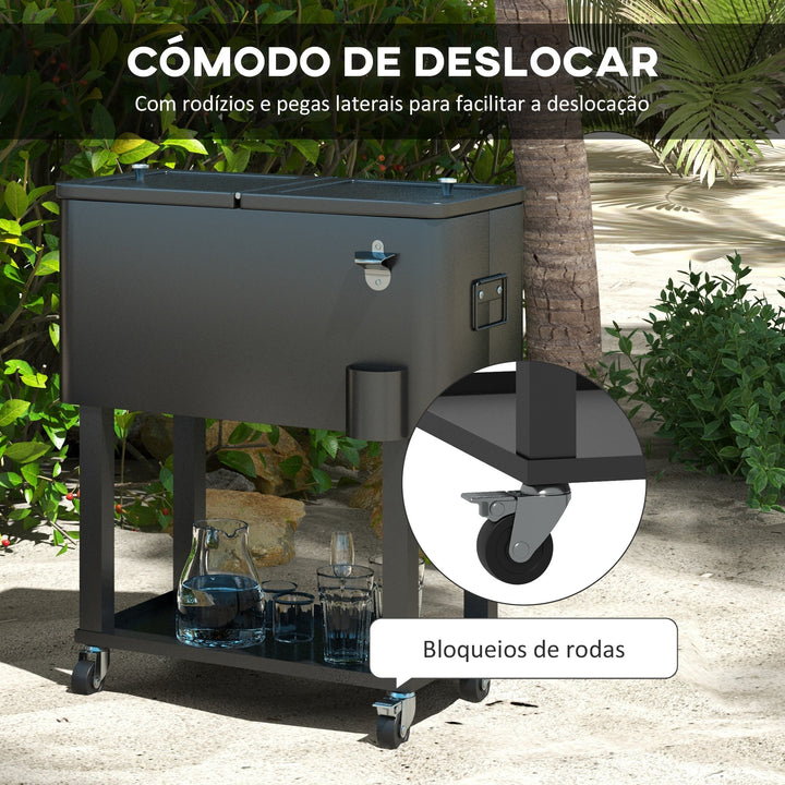 Carrinho Refrigerador de Bebidas de 56L Carrinho Refrigerador com Rodas Abridor de Garrafas e Prateleira para Pátio Festas Terraço Praia 67x35x80 cm Preto