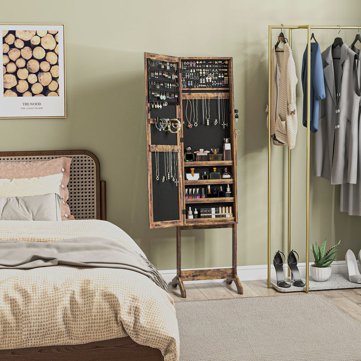 Espelho Joalheiro de Pé Joalheiro de Pé com 4 Ângulos Ajustáveis Fechadura Magnética Organizador de Joias com Prateleiras para Aneis Brincos Colares 46x36,5x151,5cm Marrom Rústico