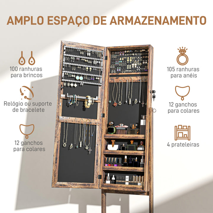 Espelho Joalheiro de Pé Joalheiro de Pé com 4 Ângulos Ajustáveis Fechadura Magnética Organizador de Joias com Prateleiras para Aneis Brincos Colares 46x36,5x151,5cm Marrom Rústico