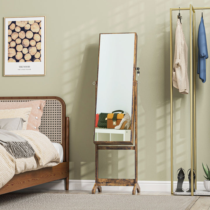 Espelho Joalheiro de Pé Joalheiro de Pé com 4 Ângulos Ajustáveis Fechadura Magnética Organizador de Joias com Prateleiras para Aneis Brincos Colares 46x36,5x151,5cm Marrom Rústico