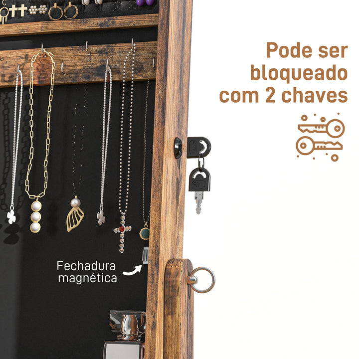 Espelho Joalheiro de Pé Joalheiro de Pé com 4 Ângulos Ajustáveis Fechadura Magnética Organizador de Joias com Prateleiras para Aneis Brincos Colares 46x36,5x151,5cm Marrom Rústico