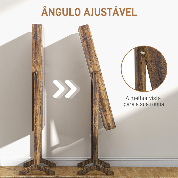 Espelho Joalheiro de Pé Joalheiro de Pé com 4 Ângulos Ajustáveis Fechadura Magnética Organizador de Joias com Prateleiras para Aneis Brincos Colares 46x36,5x151,5cm Marrom Rústico