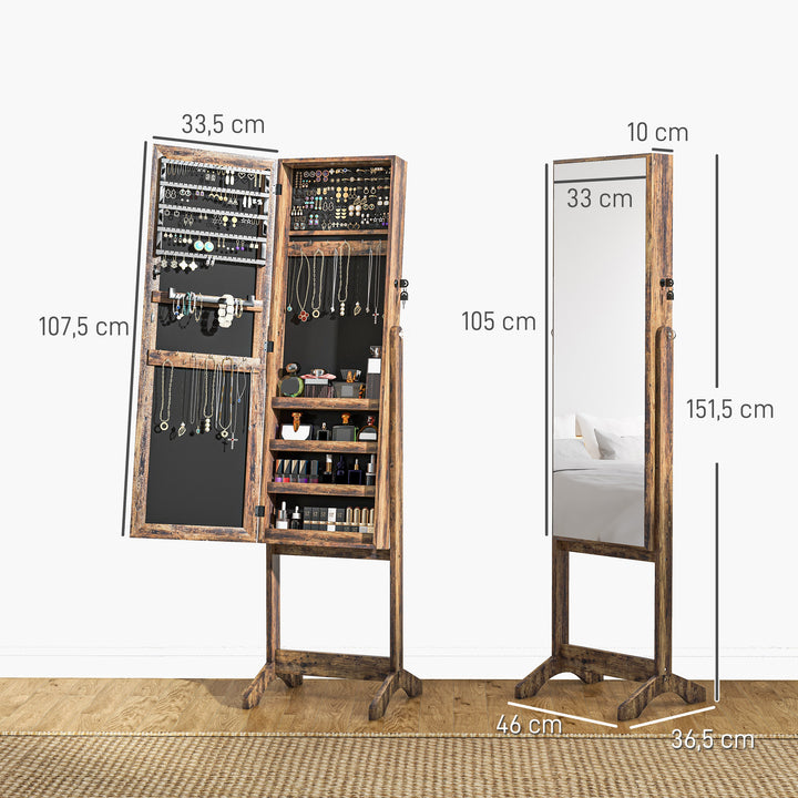 Espelho Joalheiro de Pé Joalheiro de Pé com 4 Ângulos Ajustáveis Fechadura Magnética Organizador de Joias com Prateleiras para Aneis Brincos Colares 46x36,5x151,5cm Marrom Rústico