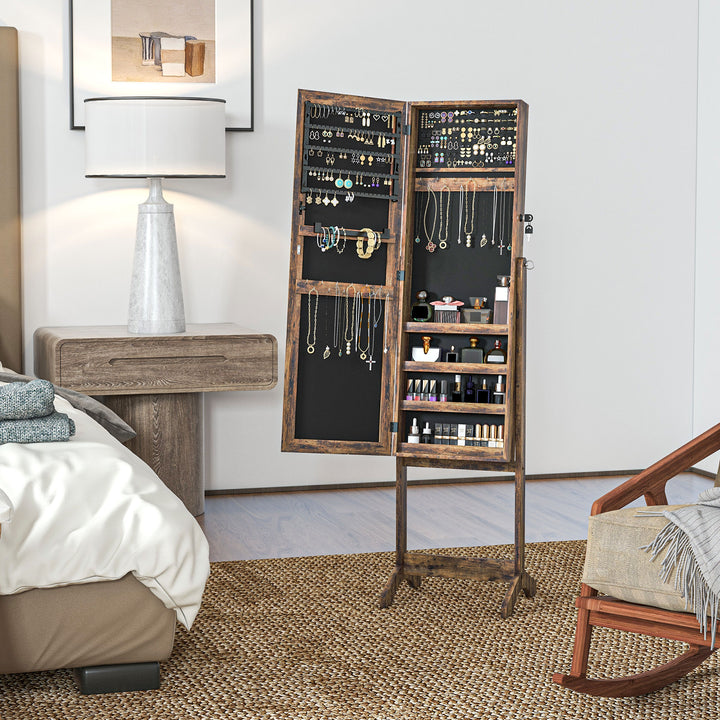Espelho Joalheiro de Pé Joalheiro de Pé com 4 Ângulos Ajustáveis Fechadura Magnética Organizador de Joias com Prateleiras para Aneis Brincos Colares 46x36,5x151,5cm Marrom Rústico