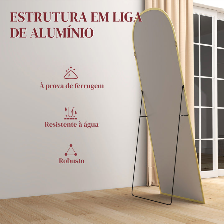 Espelho de Pé Espelho de Corpo Inteiro 60x165 cm Espelho de Parede com Estrutura de Liga de Alumínio e Suporte para Sala Quarto Banheiro Dourado