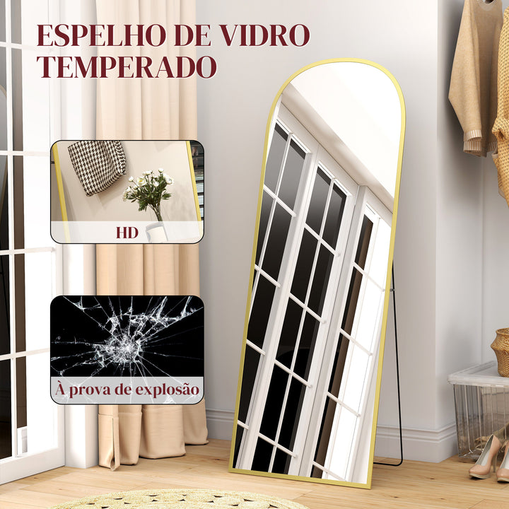 Espelho de Pé Espelho de Corpo Inteiro 60x165 cm Espelho de Parede com Estrutura de Liga de Alumínio e Suporte para Sala Quarto Banheiro Dourado