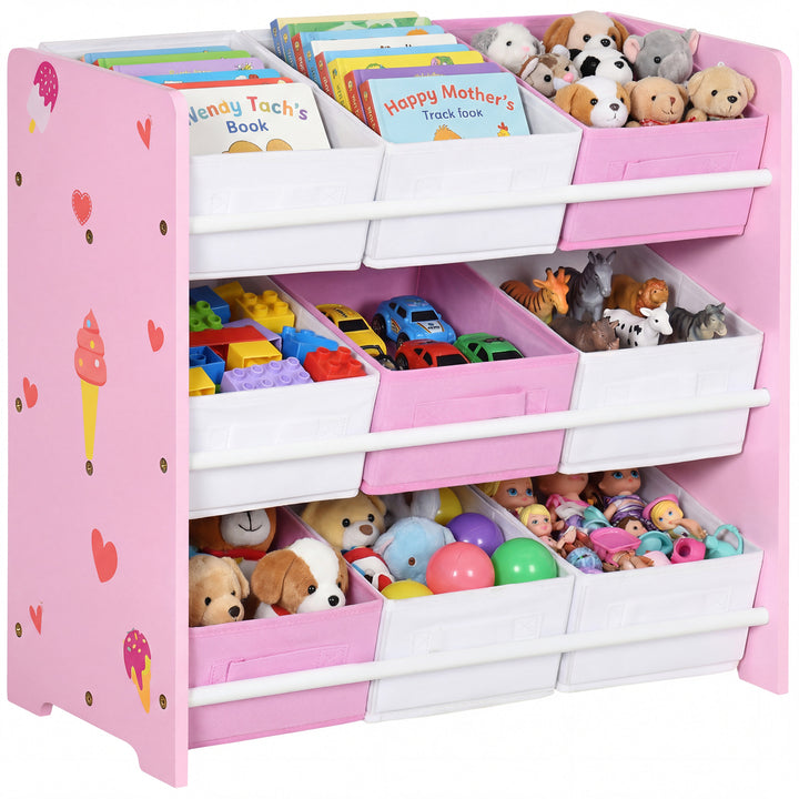 Estante para Brinquedos com 9 Caixas de Tecido não Tecido Amovíveis Organizador de Brinquedos para Dormitório Escola Infantil 63x30x60 cm Rosa