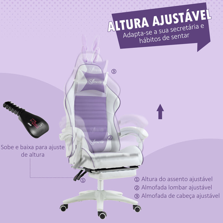 Cadeira Gaming Profissional Cadeira Gamer Giratória de Couro PU com Altura Ajustável Inclinável 135° Apoio para a Cabeça e Apoio para os Pés para Escritório 65x63x136-142 cm Branco e Roxo