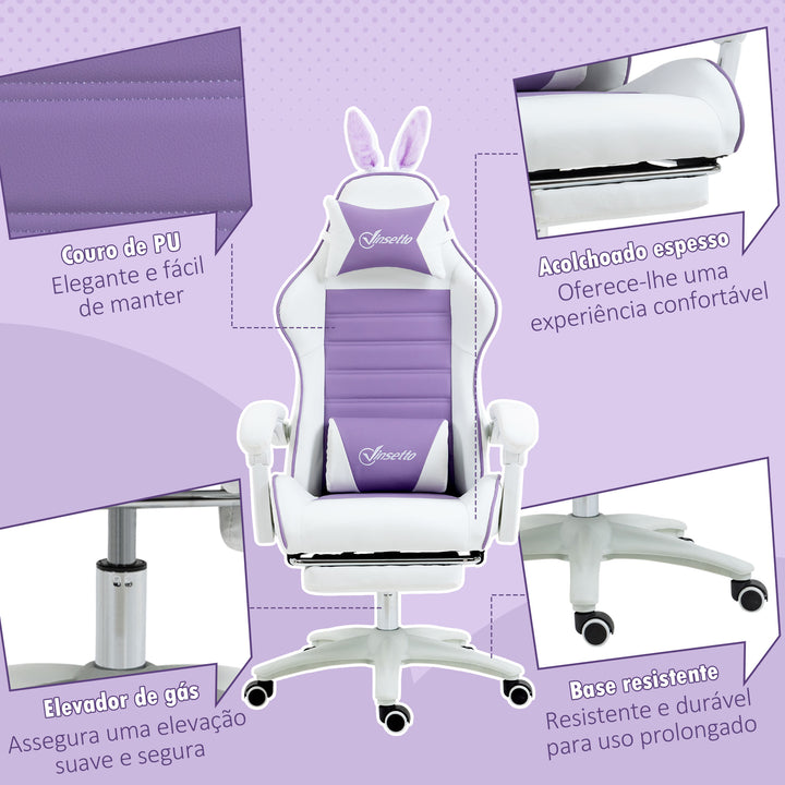 Cadeira Gaming Profissional Cadeira Gamer Giratória de Couro PU com Altura Ajustável Inclinável 135° Apoio para a Cabeça e Apoio para os Pés para Escritório 65x63x136-142 cm Branco e Roxo
