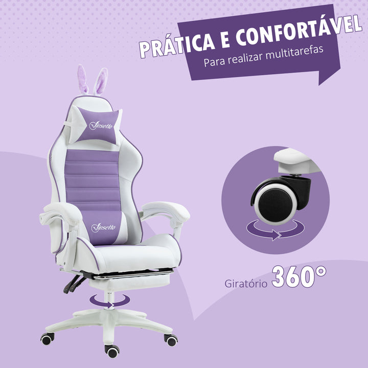 Cadeira Gaming Profissional Cadeira Gamer Giratória de Couro PU com Altura Ajustável Inclinável 135° Apoio para a Cabeça e Apoio para os Pés para Escritório 65x63x136-142 cm Branco e Roxo