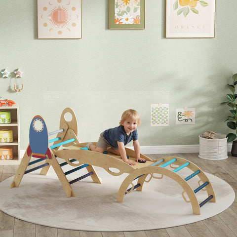 Triângulo de Escalada Montessori 7 em 1 Estrutura de Escalada de Madeira Tema de Foguete com Arco e Rampa para Deslizar ou Escalar para Crianças de 18-48 Meses Interior Azul