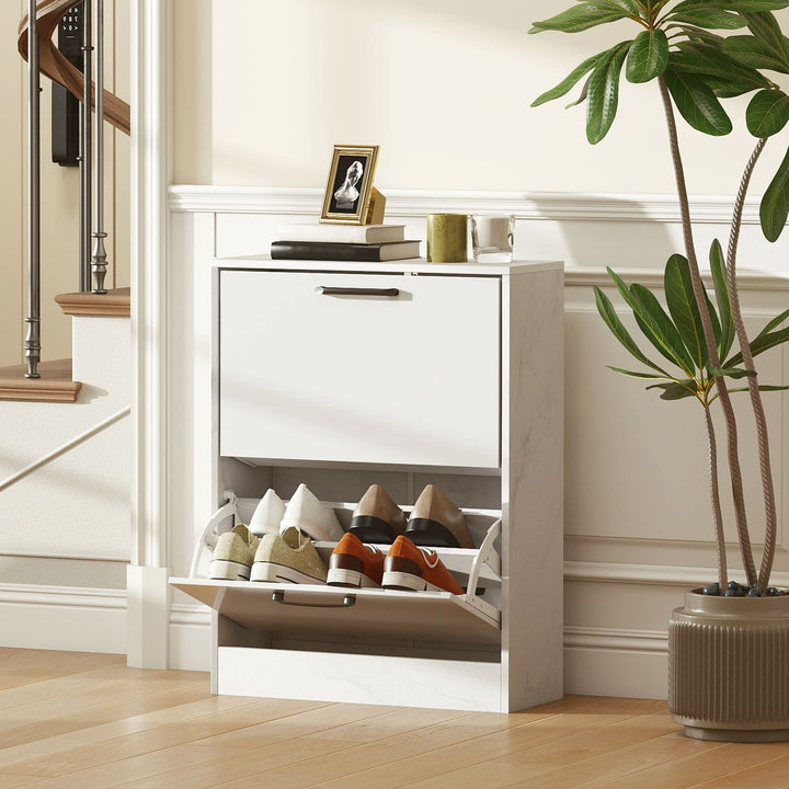 Sapateira Estreita 2 Portas de Alto Brilho Sapateira para Entrada com Prateleiras Ajustáveis Design Mármore para 8 Pares de Sapatos para Corredor Espaços Reduzidos 60x24x80 cm Branco