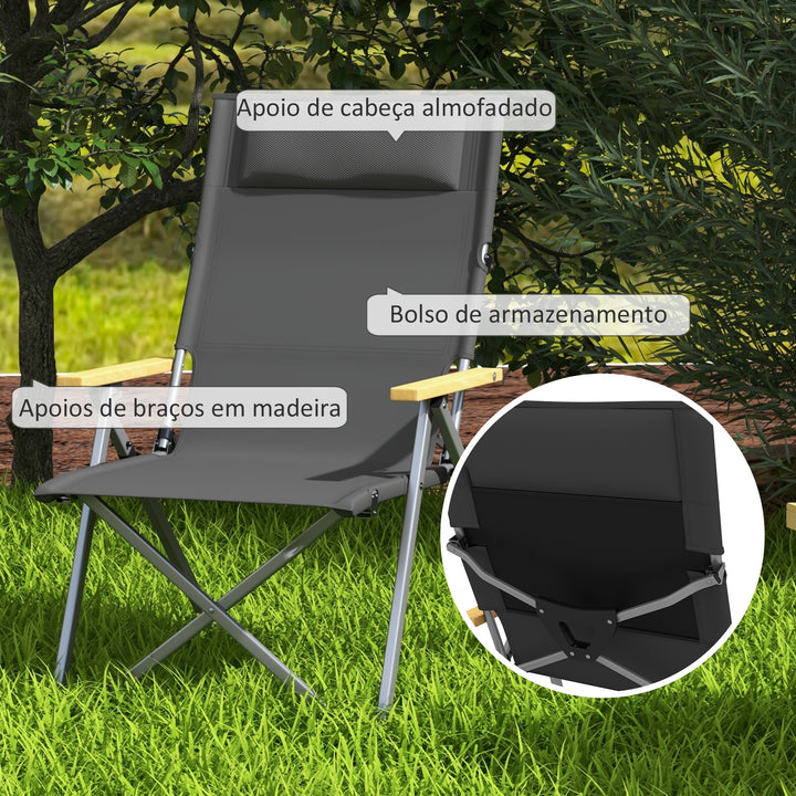 Cadeira de Campismo Dobrável de Alumínio com Encosto Ajustável e Apoios de Braço de Madeira Cadeira de Jardim Portátil com Bolsa de Transporte para Piscina Praia 74x59,5x98 cm Verde Escuro