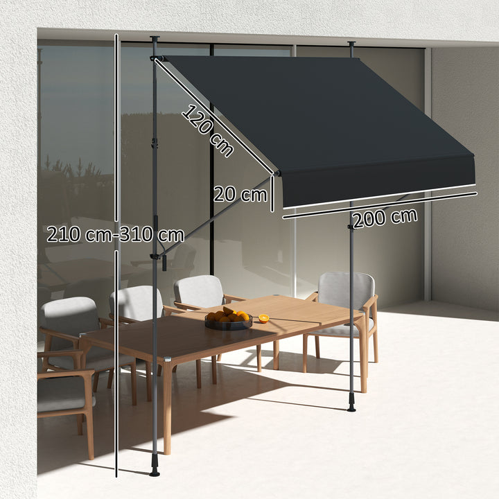 Toldo Manual Retrátil 200x120 cm Toldo Exterior Enrolável Altura Ajustável com Manivela 210-310 cm Proteção UV30+ para Jardim Varanda Pátio Preto