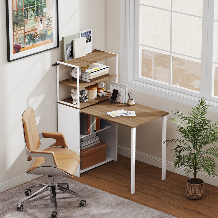 Secretária Dobrável com Estante Mesa de Secretária com 4 Prateleiras Mesa de Computador para Espaços Pequenos Estúdio, Escritório em Casa 105x60x127 cm Madeira