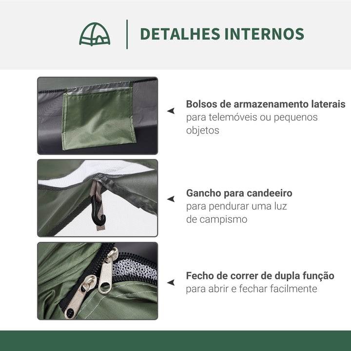 Tenda de Campismo para 2 Pessoas Tenda de Campismo Dobrável com 2 Janelas de Malha Bolso Interior Bolsa de Transporte e Estrutura de Fibra de Vidro 206x152x110 cm Verde