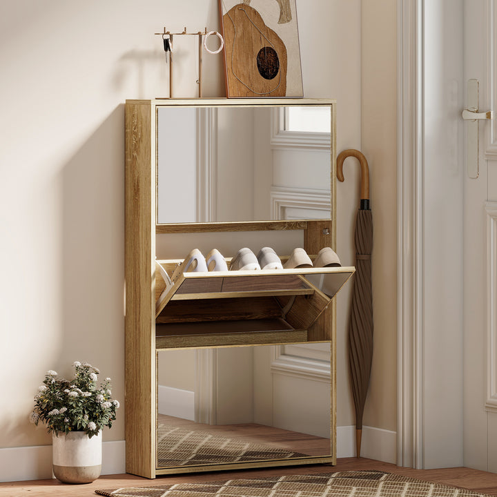 Sapateira Estreita 3 Portas com Espelho Sapateira para Entrada Corredor Para 9 Pares de Sapatos Para Corredor Espaços Reduzidos 65x17x114,5 cm Madeira