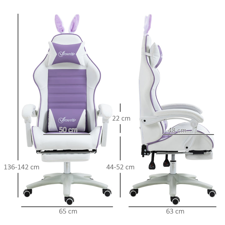 Cadeira Gaming Profissional Cadeira Gamer Giratória de Couro PU com Altura Ajustável Inclinável 135° Apoio para a Cabeça e Apoio para os Pés para Escritório 65x63x136-142 cm Branco e Roxo