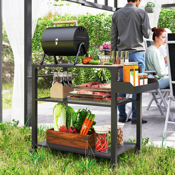 Carrinho de Apoio para Barbecue de 3 Níveis Carrinho de Barbecue Carrinho de Serviço com 4 Rodas Prateleiras e Puxador Mesa de Apoio para Forno de Pizza para Jardim Pátio 105x50x79 cm Preto