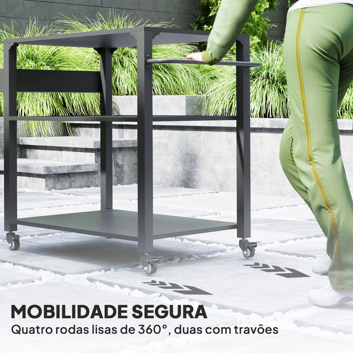 Carrinho de Apoio para Barbecue de 3 Níveis Carrinho de Barbecue Carrinho de Serviço com 4 Rodas Prateleiras e Puxador Mesa de Apoio para Forno de Pizza para Jardim Pátio 105x50x79 cm Preto