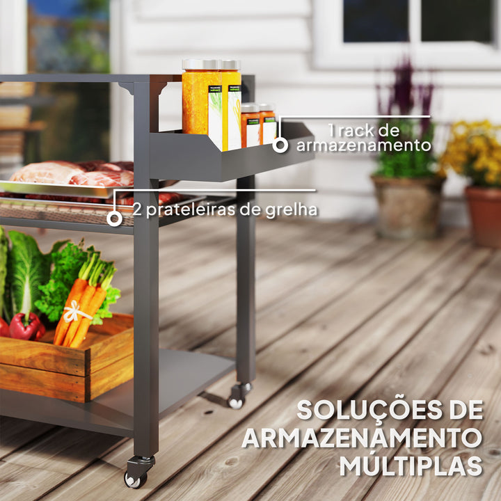 Carrinho de Apoio para Barbecue de 3 Níveis Carrinho de Barbecue Carrinho de Serviço com 4 Rodas Prateleiras e Puxador Mesa de Apoio para Forno de Pizza para Jardim Pátio 105x50x79 cm Preto