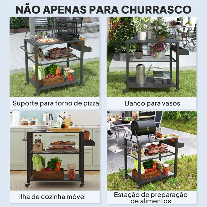 Carrinho de Apoio para Barbecue de 3 Níveis Carrinho de Barbecue Carrinho de Serviço com 4 Rodas Prateleiras e Puxador Mesa de Apoio para Forno de Pizza para Jardim Pátio 105x50x79 cm Preto
