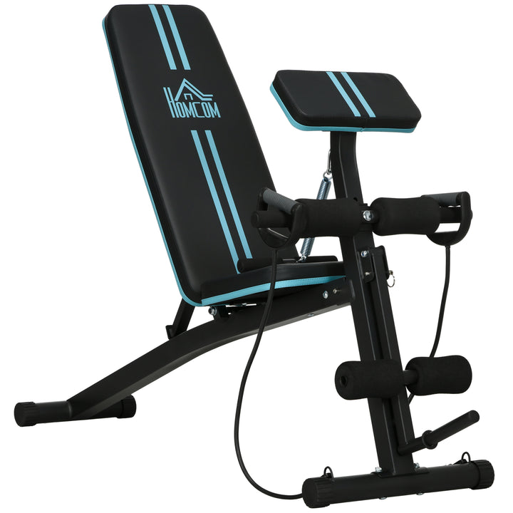 Banco de Musculação com Encosto Ajustável em 7 Posições Extensão de Pernas Apoio para Bíceps e Banda de Resistência para Treino Completo em Casa 54x160x106cm Preto e Azul
