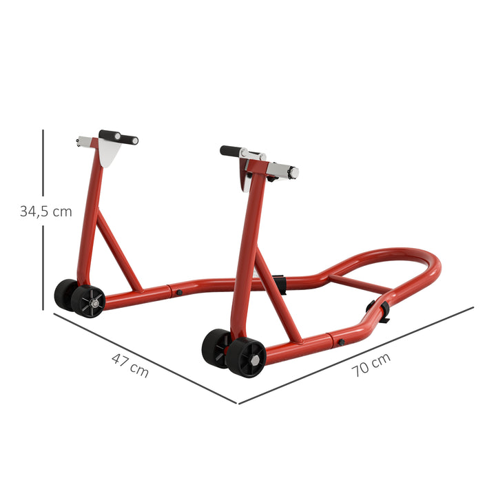 Suporte de Moto Dianteiro Universal de Aço para Roda de 10" 17" 18" Carga 200 kg com Garfos em U e L Ajustáveis Rodas e Almofadas Antiderrapantes para Reparação em Garagem 70x47x34,5 cm Vermelho