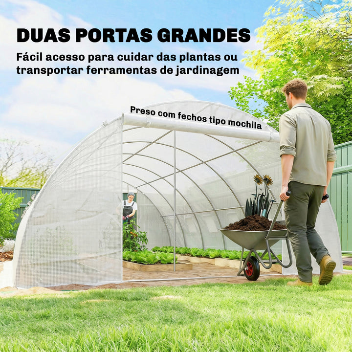 Estufa de Exterior 6x4x2 m, Estufa Tipo Túnel com 2 Barras de Suporte, Portas Enroláveis, Janelas com Rede, Cobertura de PE e Estrutura de Aço Galvanizado, Anti-UV, Impermeável, Branco