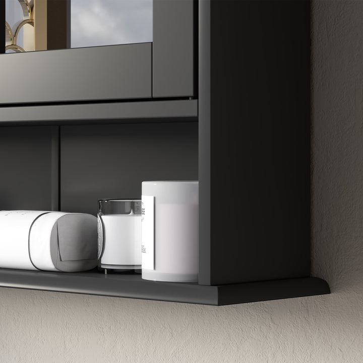 Armário de Casa de Banho com Espelho Armário de Parede com 2 Portas Prateleira Aberta e Ajustável Móvel Suspenso 56x13x58 cm Preto